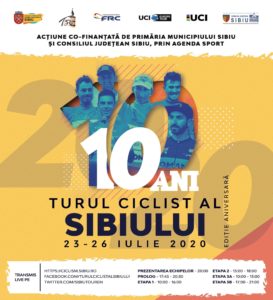 Cartel anunciado de la carrera Sibiu Cycling Tour en la que se ve la imagen de cuatro corredores